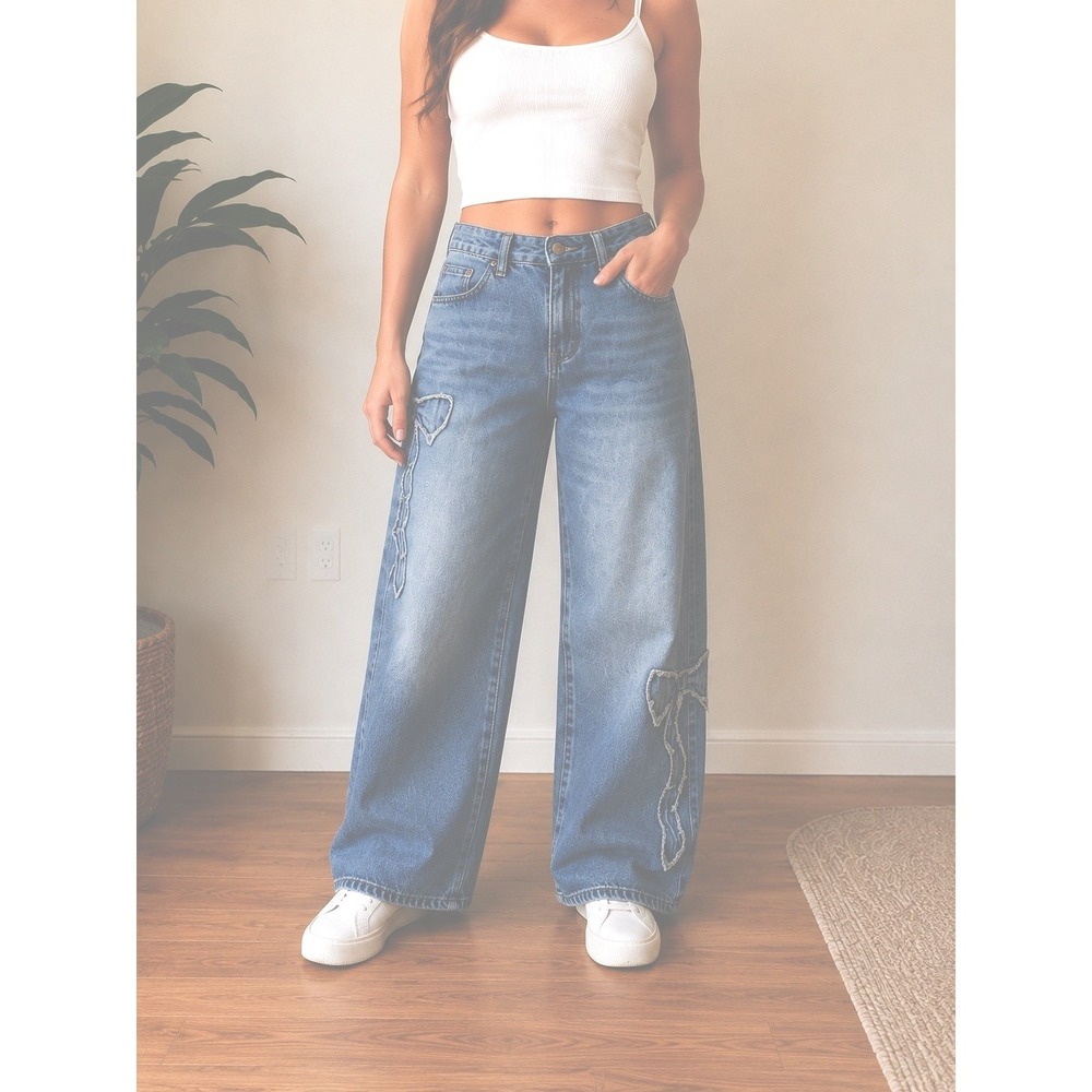 Shein Bow Detail Wide Leg Jeans Size 26 Y2K Coquette Baggy Denim Pants